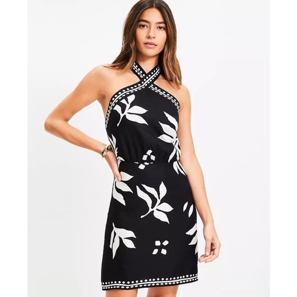 LOFT Dresses & Skirts - LOFT NWT Fern Linen Blend Black White Halter Lined Mini Dress Size 14